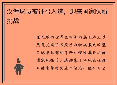 汉堡球员被征召入选，迎来国家队新挑战