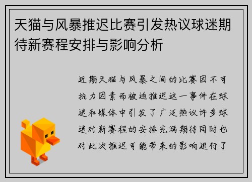 天猫与风暴推迟比赛引发热议球迷期待新赛程安排与影响分析